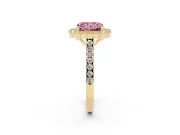 Fancy Pink Radiant Cut Diamond Milgrain Floral Halo Engagement Ring Set in Yellow gold with Pavé Band