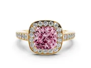 Fancy Pink Cushion Cut Diamond Halo Pavé Engagement Ring Set in Yellow gold with Bezel Setting