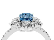 Fancy Blue Emerald Cut Diamond Floral Halo Ring Set in Platinum with Round Pavé Band and Prong Setting