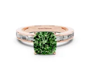 Fancy Green Cushion Cut Diamond Solitaire Ring Set in Rose gold with Channel-Set Baguette Band and Prong Setting