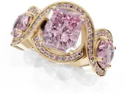 Radiant Cut Three Stone Halo Engagement Ring Setting for a Fancy Pink Lab-Grown Diamond | Pavé Wave Band | Yellow Gold