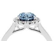 Fancy Blue Oval Cut Halo Round Diamond Solitaire Ring Set in White gold with Pavé Band and Prong Setting