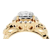 Radiant Cut Diamond Halo Ring Set in Yellow gold with Scrollwork Band and Prong Setting