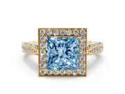 Princess Cut Milgrain Halo Engagement Ring Setting for a Fancy Blue Lab-Grown Diamond | Side Stones | Yellow Gold