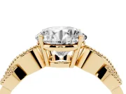 Round Cut Diamond Milgrain Leaf Band Solitaire Ring Set in Yellow gold with Accent Stones and Prong Setting