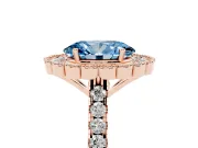 Fancy Blue Oval Cut Diamond Milgrain Floral Halo Engagement Ring Set in Rose gold with Pavé Band