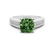 Fancy Green Cushion Cut Diamond Solitaire Ring Set in White gold with Channel-Set Band and Prong Setting