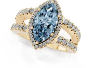 Fancy Blue Marquise Cut Diamond Halo Ring Set in Yellow gold with Pavé Split Shank and Prong Setting