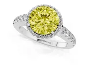 Fancy Yellow Round Cut Diamond Halo Engagement Ring Set in White gold with Pavé Band and Prong Setting
