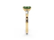 Fancy Green Emerald Cut Diamond Solitaire Ring Set in Yellow gold with Tapered Baguette Accents and Prong Setting