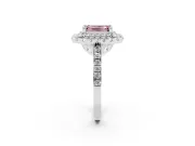 Fancy Pink Emerald Cut Diamond Double Halo Statement Ring Set in White gold with Pavé Band