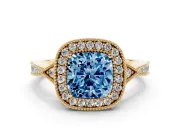 Cushion Cut Milgrain Halo Engagement Ring Setting for a Fancy Blue Lab-Grown Diamond | Graduated Pavé | Yellow Gold