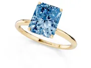 Fancy Blue Radiant Cut Diamond Solitaire Engagement Ring Set in Yellow gold with Thin Band and Prong Setting