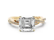 Asscher Cut Diamond Solitaire Twisted Pavé Ring Set in Yellow gold with Prong Setting