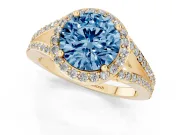Round Halo Engagement Ring Setting for a Fancy Blue Lab-Grown Diamond | Pave Split Shank | Yellow Gold