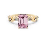Fancy Pink Emerald Cut Diamond Solitaire Ring Set in Yellow gold with Ribbon Twist Band, Round Accents and Prong Setting