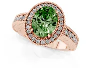 Fancy Green Oval Cut Diamond Halo Ring Set in Rose gold with Round Accent Halo, Pavé Band and Prong Setting