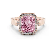 Fancy Pink Radiant Cut Diamond Halo Ring Set in Rose gold with Pavé-Lined Split Shank Band