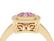 Fancy Pink Cushion Cut Diamond Halo Ring Set in Yellow gold with Pavé Band and Milgrain-Edged Prongs