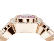 Cushion Cut Three Stone Halo Engagement Ring Setting for a Fancy Pink Lab-Grown Diamond | Rose Gold