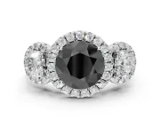 Round Three Stone Halo Engagement Ring Setting for a Black Center | Haloed Side Stones | White Gold
