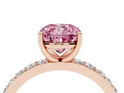 Fancy Pink Cushion Cut Diamond Solitaire Set in Rose gold with Round Pavé Band and Prong Setting