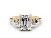 Emerald Cut Hidden Halo Three Stone Engagement Ring Setting for a Black Center | Yellow Gold
