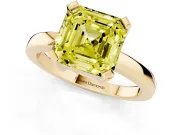 Fancy Yellow Asscher Cut Diamond Solitaire Ring Set in Yellow gold with Prong Head and Smooth Polished Band