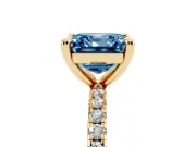 Fancy Blue Asscher Cut Diamond Brilliant Solitaire Ring Set in Yellow gold with Pavé Band and Prong Setting