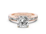 Cushion Cut Diamond Solitaire Ring Set in Rose gold with Channel-Set Baguette Band and Prong Setting