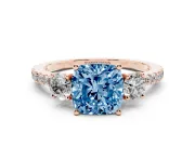 Cushion Cut Three Stone Engagement Ring Setting for a Fancy Blue Lab-Grown Diamond | Pave Shoulders | Rose Gold