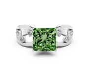 Fancy Green Princess Cut Diamond Solitaire Ring Set in Platinum with Side Stones on Criss-Cross Band and Prong Setting