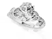 Oval Cut Diamond Solitaire Leaf-Inspired Ring Set in Platinum with Pavé Band and Prong Setting
