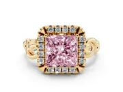 Fancy Pink Princess Cut Diamond Halo Ring Set in Yellow gold with Scrollwork Band and Prong Setting