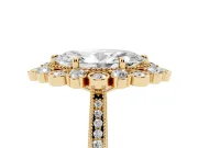Marquise Cut Diamond Halo Milgrain Pavé Ring Set in Yellow gold with Prong Setting