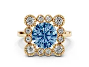 Round Milgrain Cluster Halo Engagement Ring Setting for a Fancy Blue Lab-Grown Diamond | Plain Band | Yellow Gold