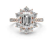 Emerald Cut Diamond Floral Halo Ring Set in Rose gold with Round Pavé Band and Prong Setting