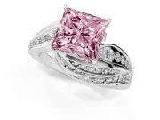Fancy Pink Princess Cut Diamond Solitaire Ring Set in White gold with Layered Twist Pavé Band