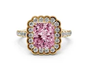 Fancy Pink Radiant Cut Diamond Milgrain Floral Halo Engagement Ring Set in Yellow gold with Pavé Band