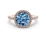 Round Halo Engagement Ring Setting for a Fancy Blue Lab-Grown Diamond | Half Pave Band | Rose Gold