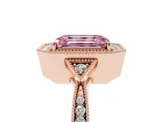 Fancy Pink Emerald Cut Diamond Halo Engagement Ring Set in Rose gold with Milgrain Pavé Band