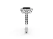 Fancy Black Emerald Cut Lab-Grown Diamond Halo Pavé Engagement Ring Set in White Gold with Milgrain Detailing