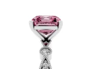 Fancy Pink Asscher Cut Diamond Solitaire Engagement Ring Set in Platinum with Milgrain Bezel Accent Band