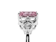 Fancy Pink Emerald Cut Diamond Solitaire Ring Set in Silver with Cluster Accents on Each Side