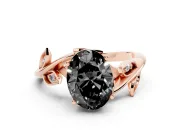 Fancy Black Oval Cut Diamond Solitaire Twist Engagement Ring Set in Rose gold with Pavé Leaf Accents