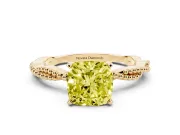 Fancy Yellow Cushion Cut Diamond Solitaire Ring Set in Yellow gold with Twisted Band and Bead Prong Setting