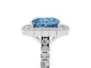 Fancy Blue Radiant Cut Diamond Milgrain Floral Halo Engagement Ring Set in White gold with Pavé Band
