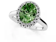 Fancy Green Oval Cut Halo Round Diamond Solitaire Ring Set in Platinum with Pavé Band and Prong Setting