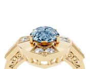 Fancy Blue Marquise Cut Diamond Milgrain Halo Ring Set in Yellow gold with Split Shank