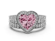 Fancy Pink Heart Cut Diamond Halo Ring Set in White gold with Accent Split Shank and Prong Setting